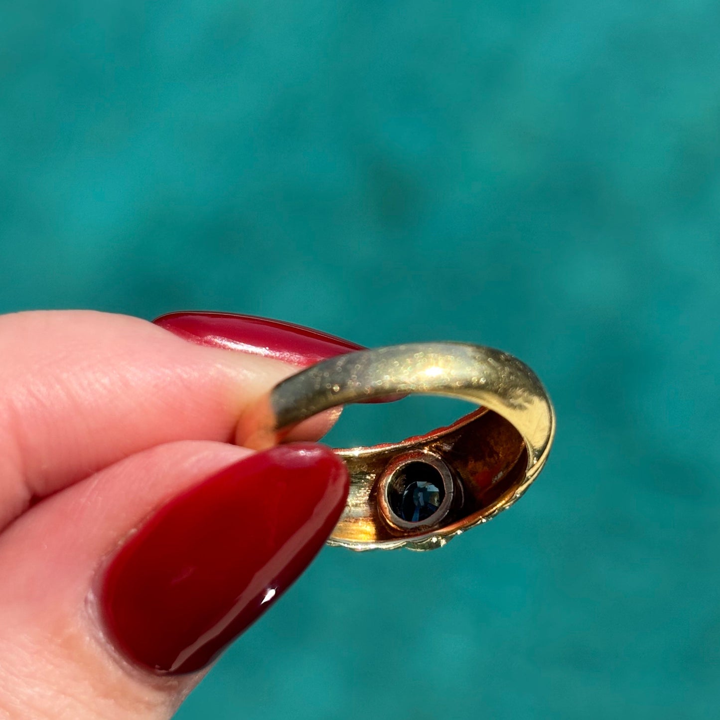 Vintage 18CT dome croissant band with Blue Tourmaline