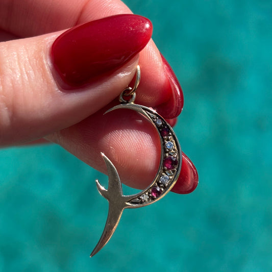 RARE Antique 9CT Ruby and Diamond double Crescent moon pendant