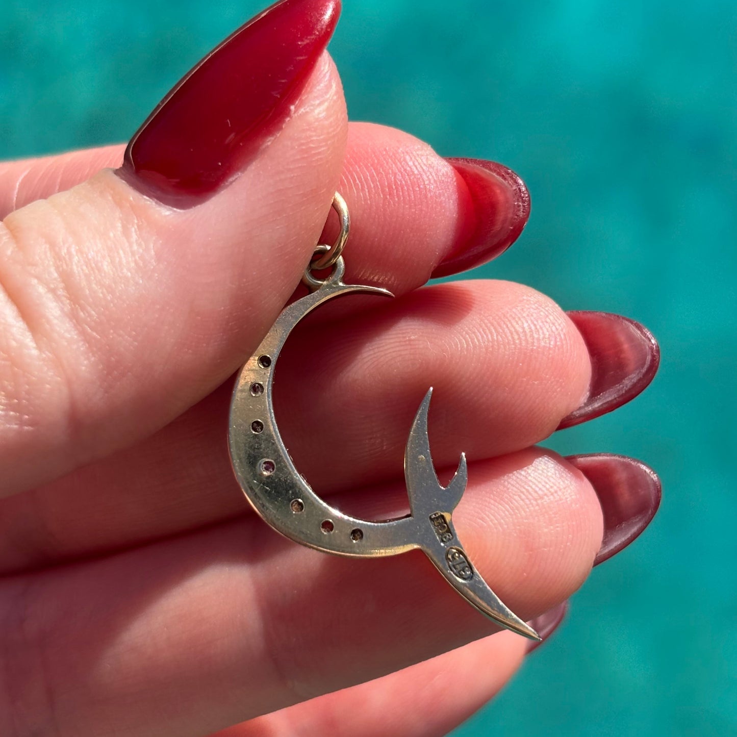 RARE Antique 9CT Ruby and Diamond double Crescent moon pendant