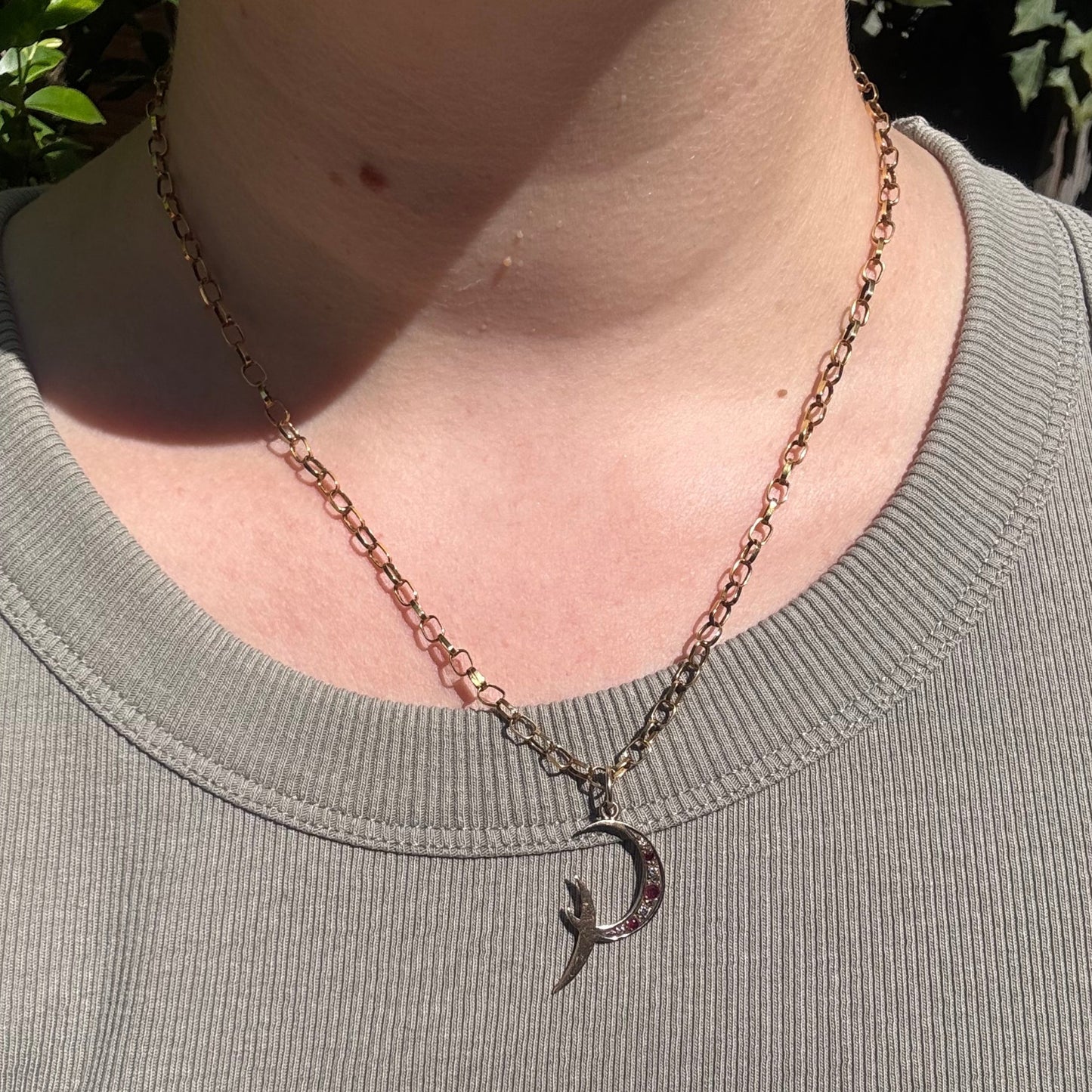 RARE Antique 9CT Ruby and Diamond double Crescent moon pendant