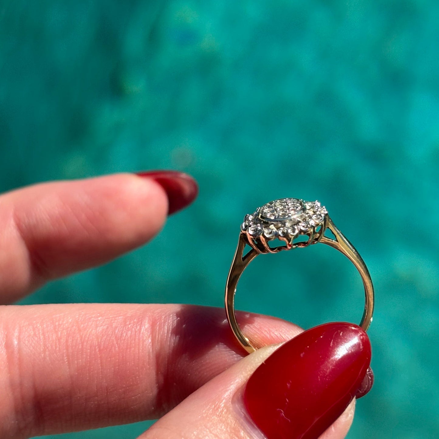 Antique style 9CT oval Natural Diamond cluster ring