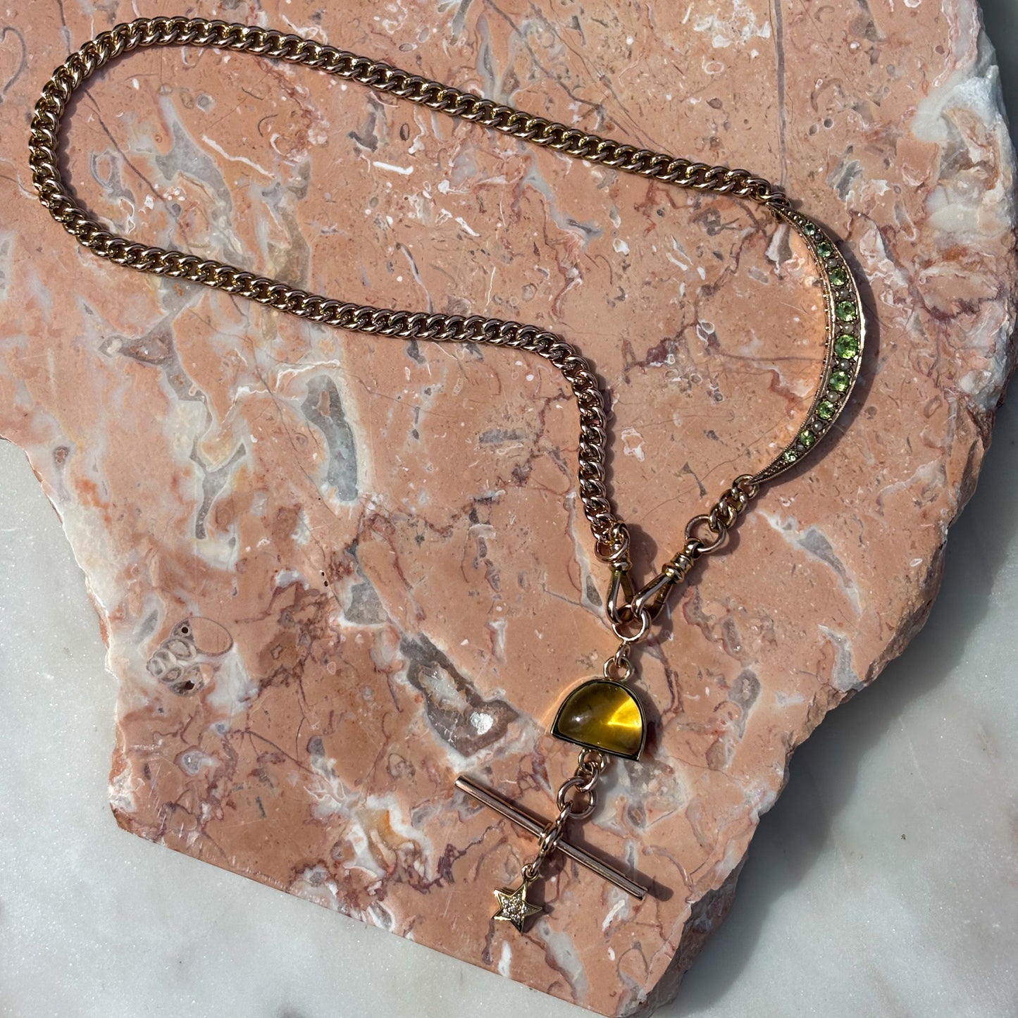 Custom 9K celestial Albert with Peridot, Pearls and Diamonds