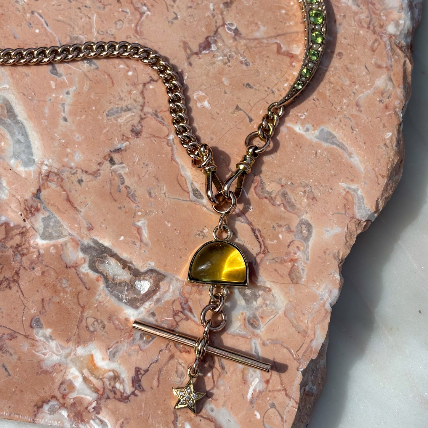 Custom 9K celestial Albert with Peridot, Pearls and Diamonds