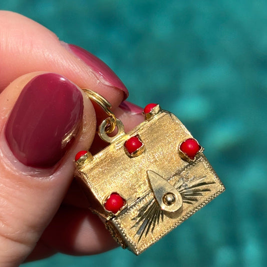 18K Vintage Italian Coral treasure chest pendant with hidden Pearl