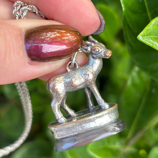 Vintage Antique style copper and silver plate Agate deer fob