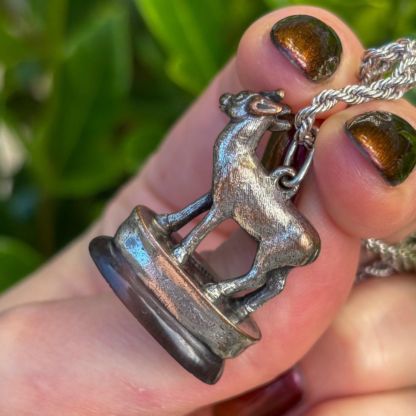 Vintage Antique style copper and silver plate Agate deer fob