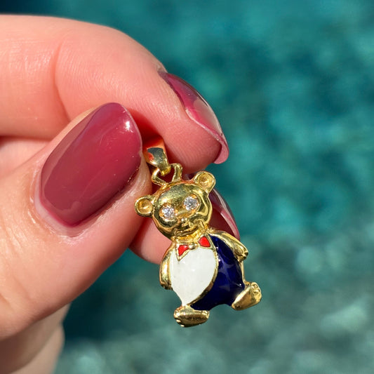 New Italian 18K Enamel Teddy pendant with white Sapphire eyes
