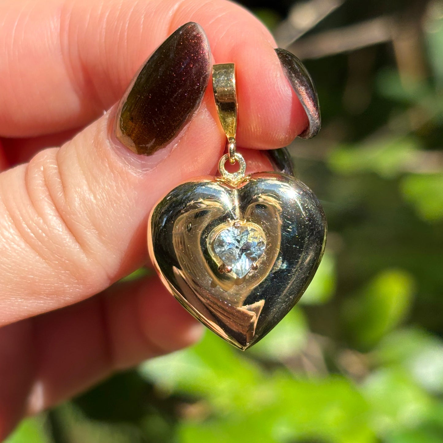 Vintage Large 18K puffy heart pendant with a heart cut natural Aquamarine.