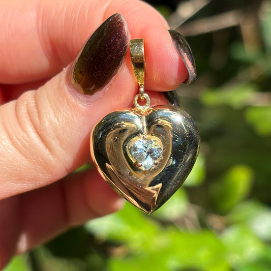 Vintage Large 18K puffy heart pendant with a heart cut natural Aquamarine.