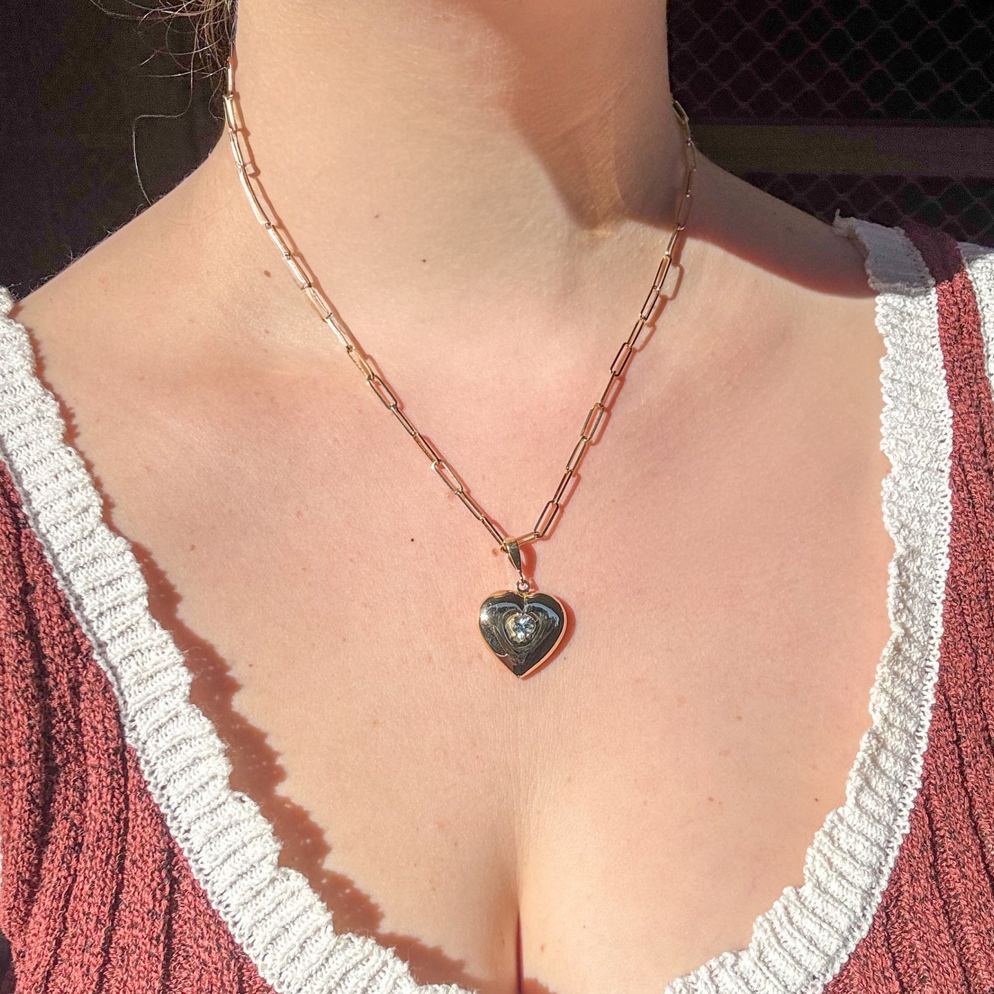 Vintage Large 18K puffy heart pendant with a heart cut natural Aquamarine.