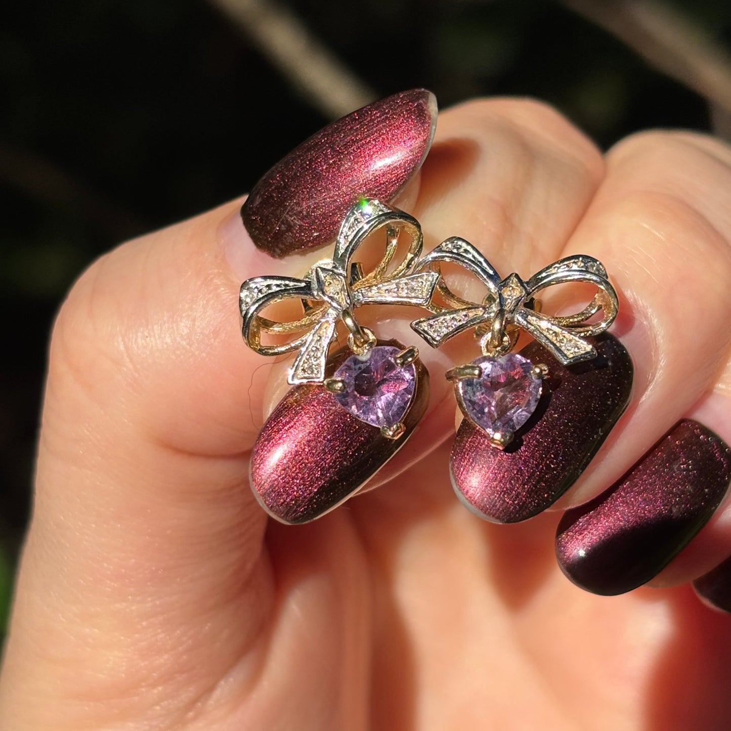 Vintage 90’s British 9K Diamond bow earrings with dangling Amethyst heart