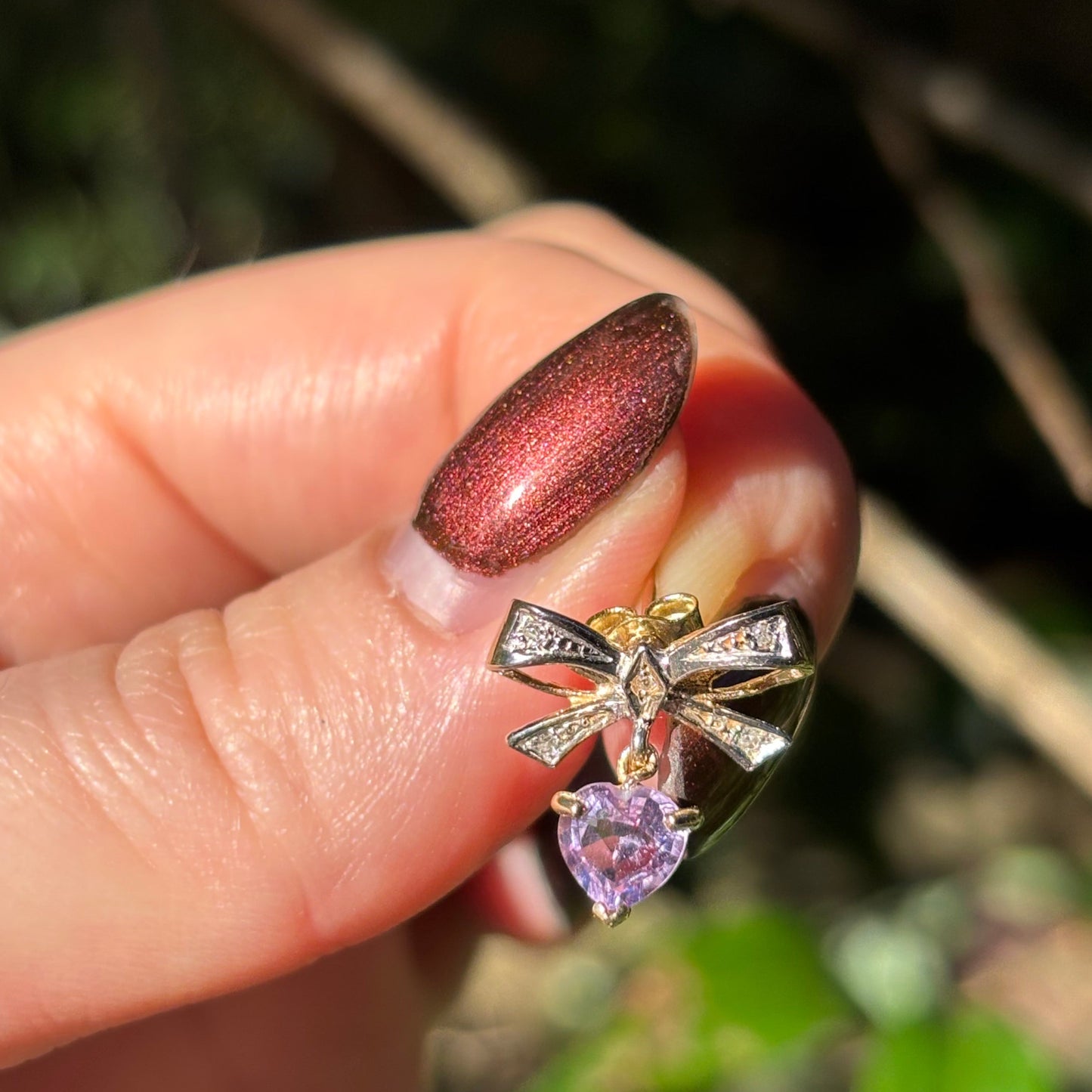 Vintage 90’s British 9K Diamond bow earrings with dangling Amethyst heart